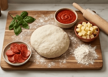 Fresh artisan ingredients laid out for Detroit-style pizza