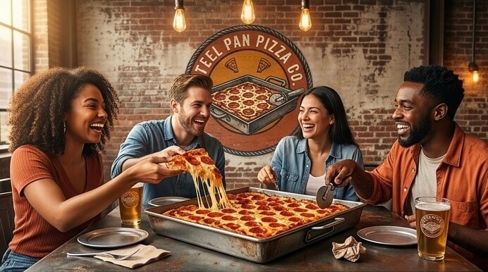 Friends sharing Detroit-style pizza