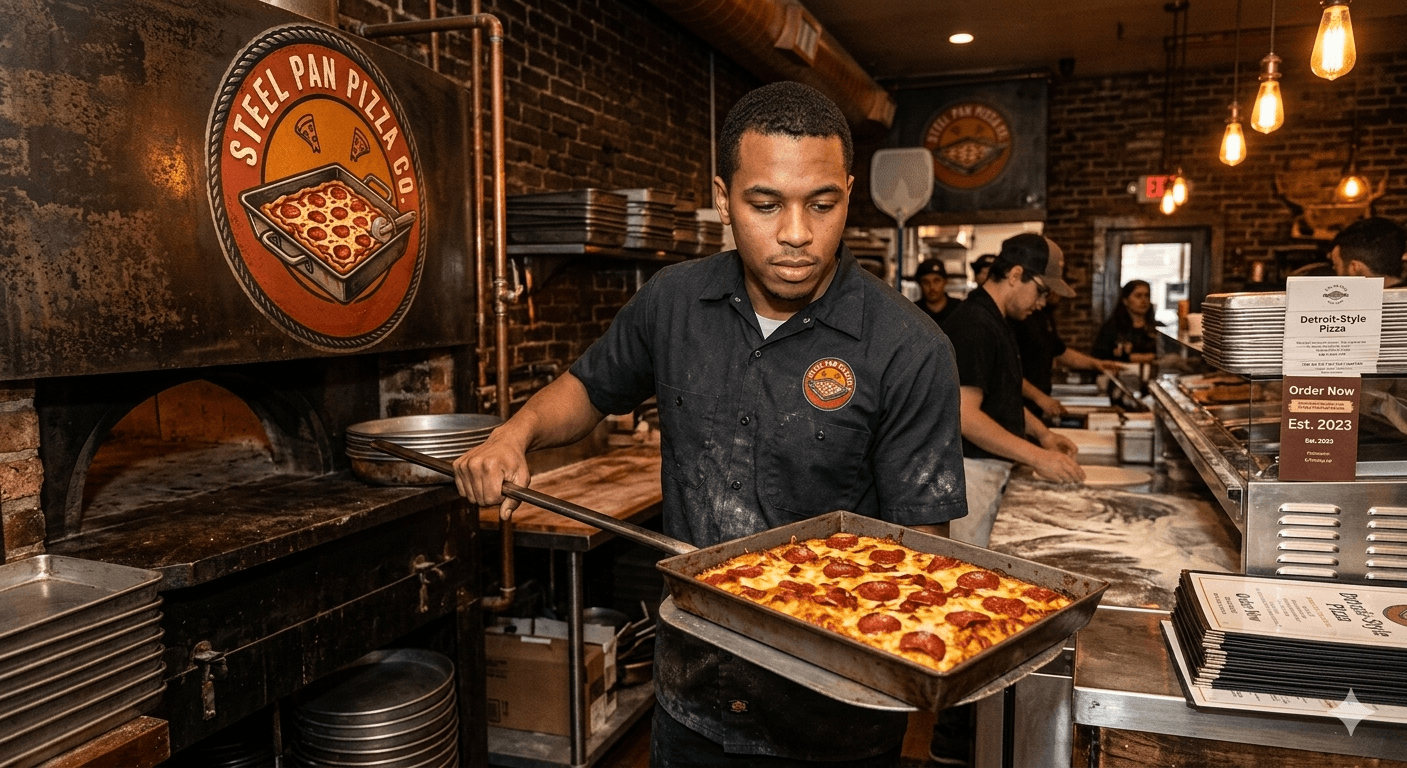 Pizza being pulled fresh from a hot steel pan oven