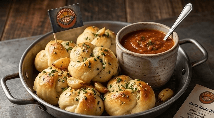 Golden garlic knots with marinara dipping sauce