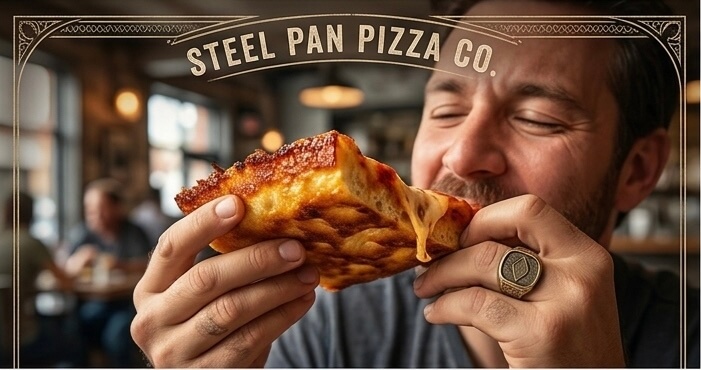 Customer enjoying a fresh Steel Pan pizza