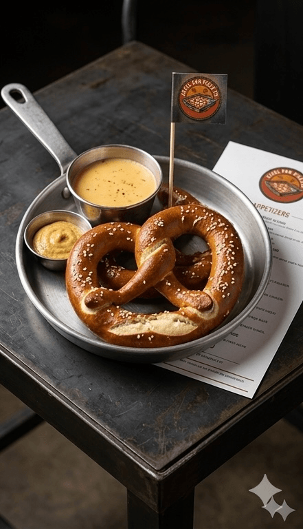 Warm soft pretzel with cheese dipping sauce