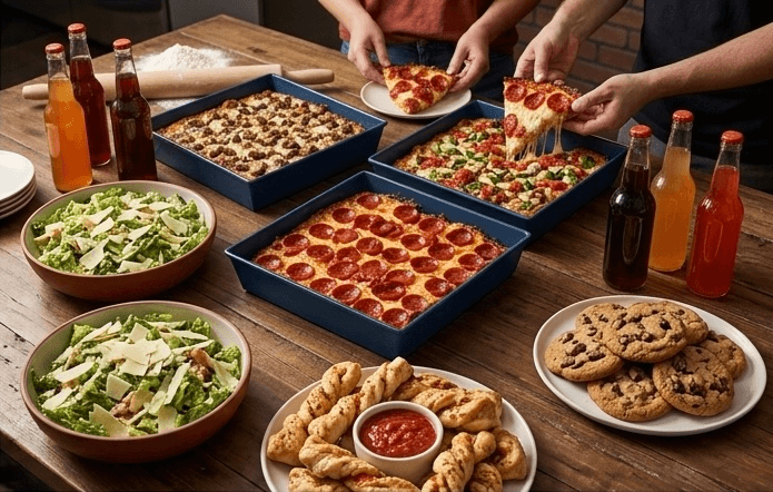 A catering spread of Steel Pan deep dish pizzas