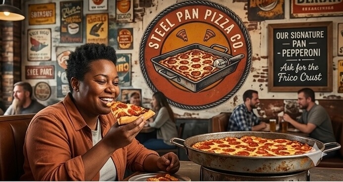 Woman enjoying a slice of Steel Pan pizza
